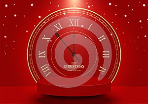 Christmas, New Year scene. Stage podium decorated with times clock. 3d pedestal base for product display on a red background.