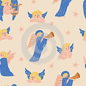 Christmas and new year seamless pattern with angels. New year celebration set of illustrations in vector.