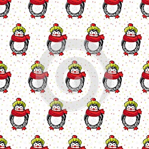 Christmas and new year seamless pattern. Cute cartoon penguins in winter clothes on a white background among snowflakes. Winter