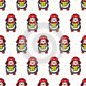 Christmas and new year seamless pattern. Cute cartoon penguins in winter clothes on a white background among snowflakes. Winter