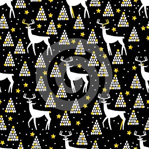 Christmas and New Year seamless pattern with deer, tree and golden elements.