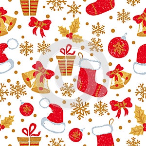 Christmas and New Year seamless pattern with doodle bells, balls, Christmas stockings