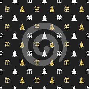 Christmas New Year seamless pattern with gift christmas tree. Holiday background. Gold white gift. Xmas winter doodle