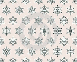 Christmas, new year seamless pattern, green snowflakes line illustration on white background. Vector icons of winter holidays,