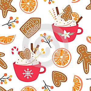 Christmas, New Year seamless pattern with hot chocolate, gingerbread, cookies. Vector background for wrapping, textile.