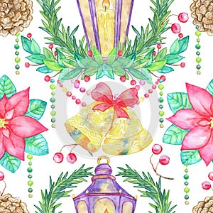 Christmas and New Year seamless pattern with lantern, poinsettia flower and traditional symbols on white background