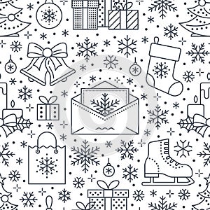 Christmas, new year seamless pattern, line illustration. Vector icons of winter holidays christmas tree, gifts, letter