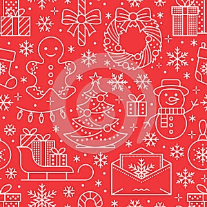 Christmas, new year seamless pattern, line illustration. Vector icons of winter holidays christmas tree, gifts, letter