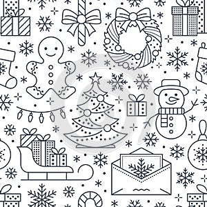 Christmas, new year seamless pattern, line illustration. Vector icons of winter holidays christmas tree, gifts, letter