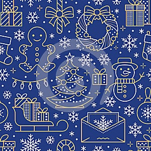 Christmas, new year seamless pattern, line illustration. Vector icons winter holidays christmas tree, gifts, letter to