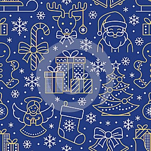 Christmas, new year seamless pattern, line illustration. Vector icons of winter holidays christmas tree, gifts, santa