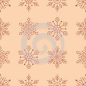 Christmas, new year seamless pattern, red snowflakes line illustration on yellow background. Vector icons of winter holidays, cold