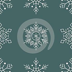Christmas, new year seamless pattern, snowflakes line illustration on green background. Vector icons of winter holidays, cold