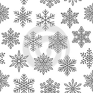 Christmas, new year seamless pattern, snowflakes line illustration. Vector icons of winter holidays, cold season