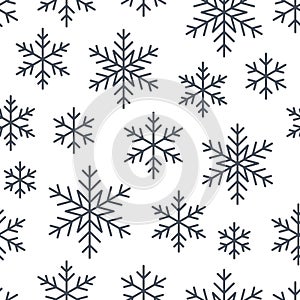 Christmas, new year seamless pattern, snowflakes line illustration. Vector icons of winter holidays, cold season snow