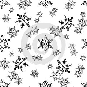 Christmas, new year seamless pattern, snowflakes line illustration. Vector icons of winter holidays, cold season snowfall.