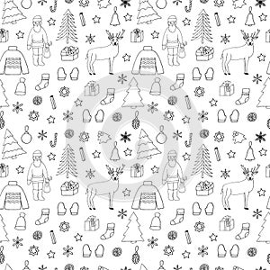Christmas and new year seamless pattern, vector illustration, Santa Claus, reindeer, Christmas trees, snowflakes, Christmas toys,