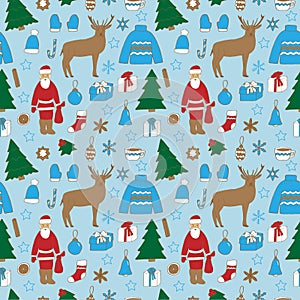 Christmas and new year seamless pattern, vector illustration, Santa Claus, reindeer, Christmas trees, snowflakes, Christmas toys,