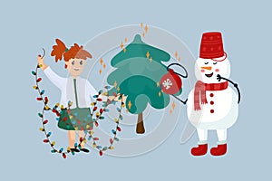 Christmas and New Year with seasonal elements. Illustration with a Christmas tree and a snowman. Festive scene of