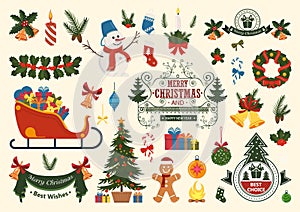 Christmas and New Year set of design elements and decorations. Vector