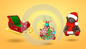 Christmas and New Year set. Realistic 3D design objects santa claus golden sleigh, transparent bag with candies