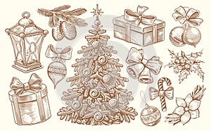 Christmas, New Year set of retro objects in sketch style. Vintage hand drawn winter holiday concept vector illustration