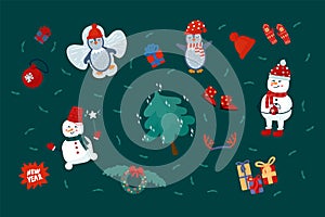 Christmas and New Year set with seasonal elements. Festive winter animals. Cartoon snowman, penguin, Christmas tree in