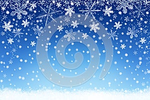 Christmas and New Year snow background with snowflakes. Winter holiday backdrop