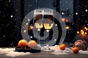 Christmas and New Year snow holidays background, winter season, glasses of wine, champagne and black chocolate