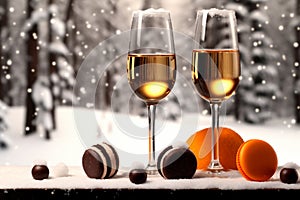 Christmas and New Year snow holidays background, winter season, glasses of wine, champagne and black chocolate