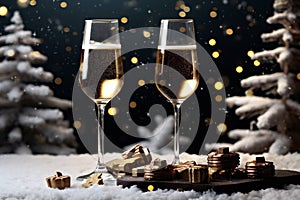Christmas and New Year snow holidays background, winter season, glasses of wine, champagne and black chocolate