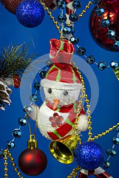 Christmas new year snowman snowman close-up on blue background