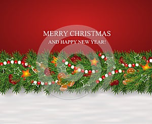 Christmas and New Year snowy background decorated garland and border of realistic looking Christmas tree branches decorated with