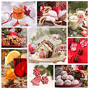 Christmas New Year sweet pastry desserts. Set collection of traditional Christmas holiday sweets. Collage of beautiful festive