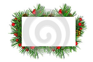 Christmas and New Year symbol, frame made of wreath of fir branches, decorated with small red balls, isolated on white