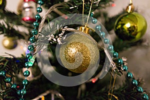 christmas and new year  christmas tree decorated with different christmas toys close-up.