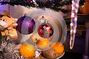 christmas and new year  christmas tree decorated with different christmas toys close-up.