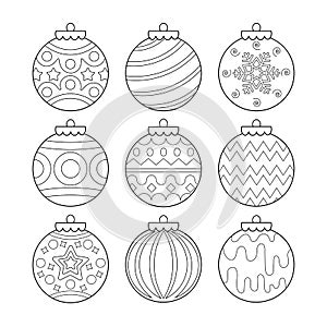 Christmas and New Year tree decorations, ornaments, set of balls coloring page black and white isolated on white background