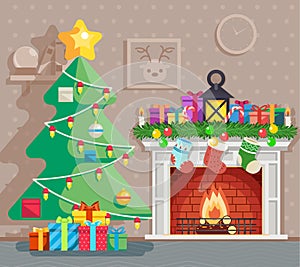 Christmas new year tree winter holiday room fireplace background flat design vector illustration