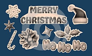 Christmas and New Year trendy halftone icons, collage of vintage 90s style of paper magazine clippings. Composed of big amount of