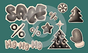 Christmas and New Year trendy halftone icons, collage of vintage 90s style of paper magazine clippings. Composed of big amount of
