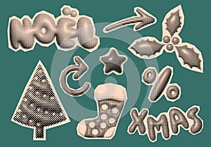 Christmas and New Year trendy halftone icons, collage of vintage 90s style of paper magazine clippings. Composed of big amount of