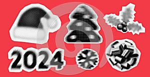 Christmas and New Year trendy halftone icons, collage of vintage 90s style of paper magazine clippings. Composed of big amount of