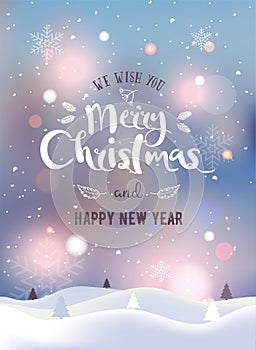 Christmas and New Year typographical on background with winter landscape with Northern Lights, snowflakes, light, stars