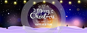 Christmas and New Year typographical on background with winter landscape with Northern Lights, snowflakes, light, stars