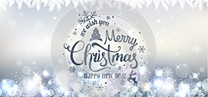 Christmas and New Year typographical on holidays background with snowflakes, light, stars.