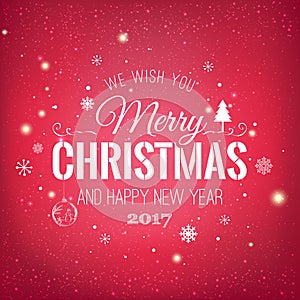 Christmas and New Year typographical on holidays background with snowflakes, light, stars. Vector Illustration