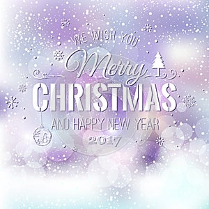 Christmas and New Year typographical on holidays background with snowflakes, light, stars. Vector Illustration