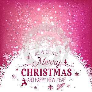 Christmas and New Year typographical on holidays background with snowflakes, light, stars. Vector Illustration