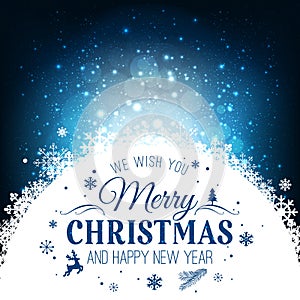 Christmas and New Year typographical on holidays background with snowflakes, light, stars. Vector Illustration